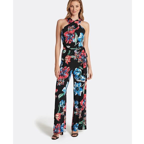 Tahari Asl Womens Size 8 Tie Waist Jumpsuit Black Halter Wide Leg Floral Print - Picture 1 of 9